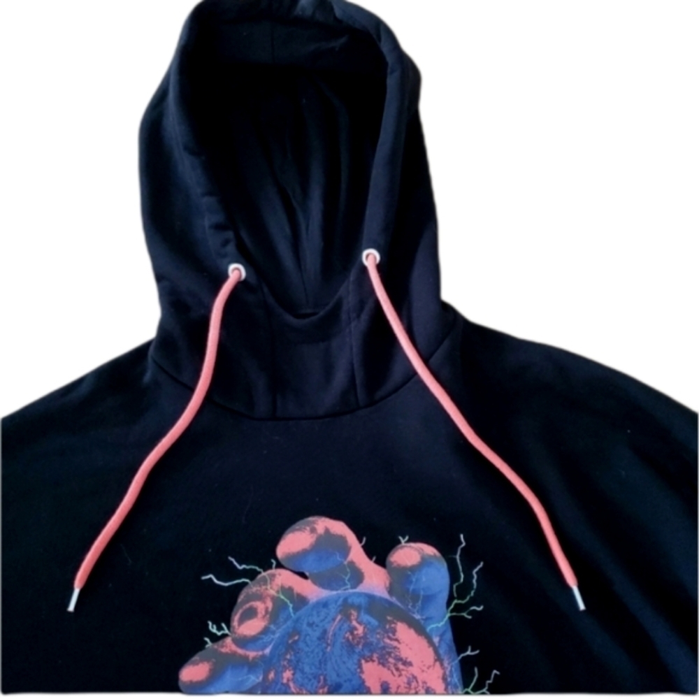 Mens ASOS Design World Print Pullover Hoodie Black Drawcord Sweatshirt Medium - Picture 8 of 15